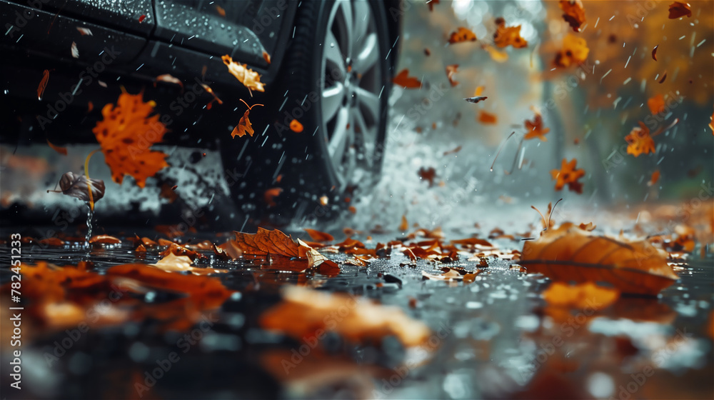 A close-up of the wheel of a car driving on a muddy autumn road full of falling leaves.