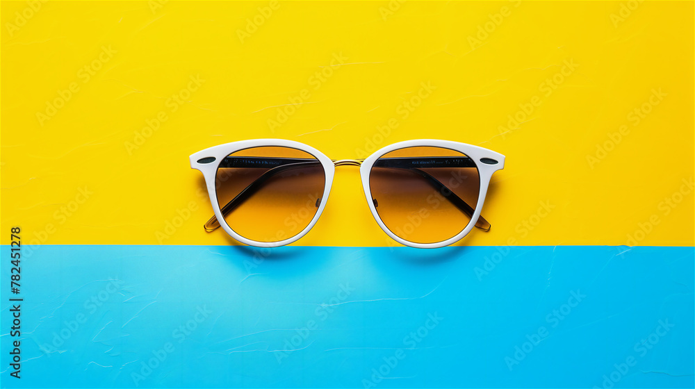 Sunglasses on the yellow and blue minimalist background.