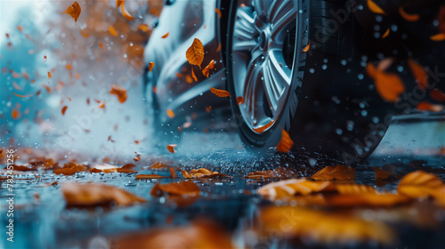 A close-up of the wheel of a car driving on a muddy autumn road full of falling leaves. photo