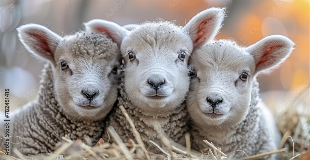 Obraz premium A cluster of sheep gathered on a sun-scorched grass field, gazing at the camera