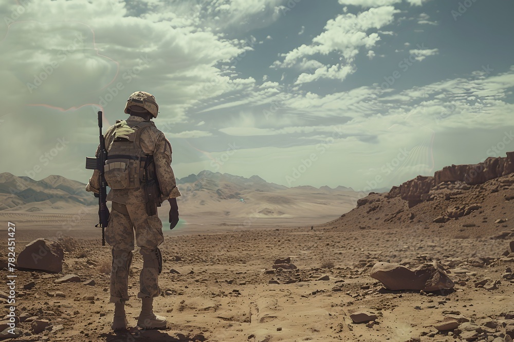 Lone soldier standing in desert. Armed forces concept. War operation, military conflict, modern warfare. Design for banner, poster with copy space