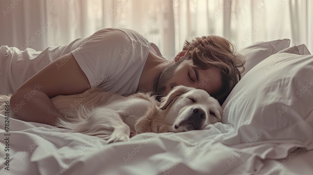 Young Man and dog Sleeping Peacefully in White Bed Generative AI Young Man and dog Sleeping Peacefully in White Bed Generative AI