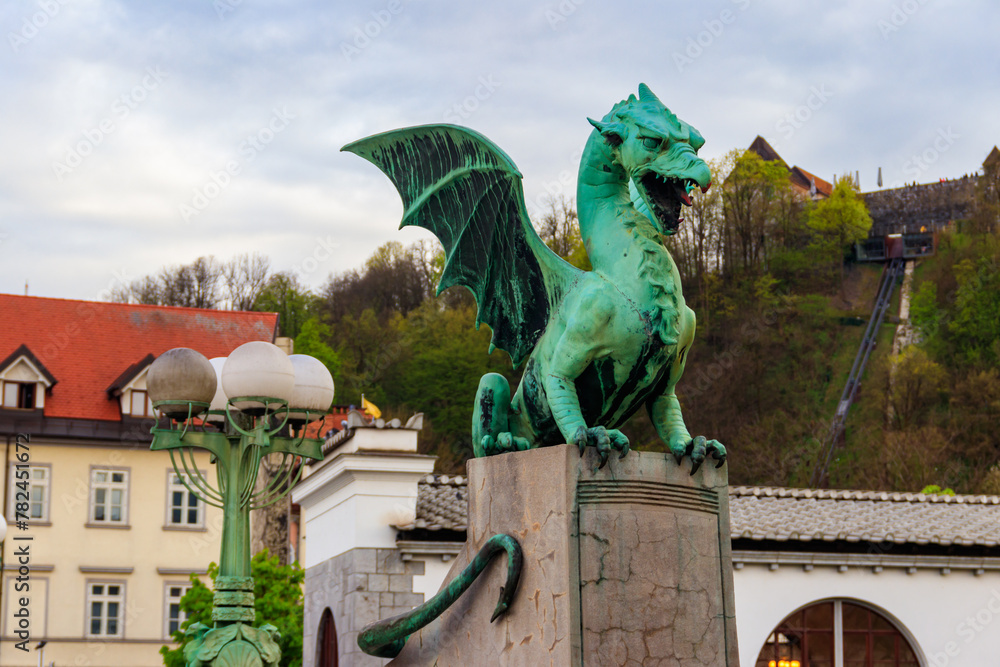 Sculpture of dragon on Dragon bridge in Ljubljana, Slovenia