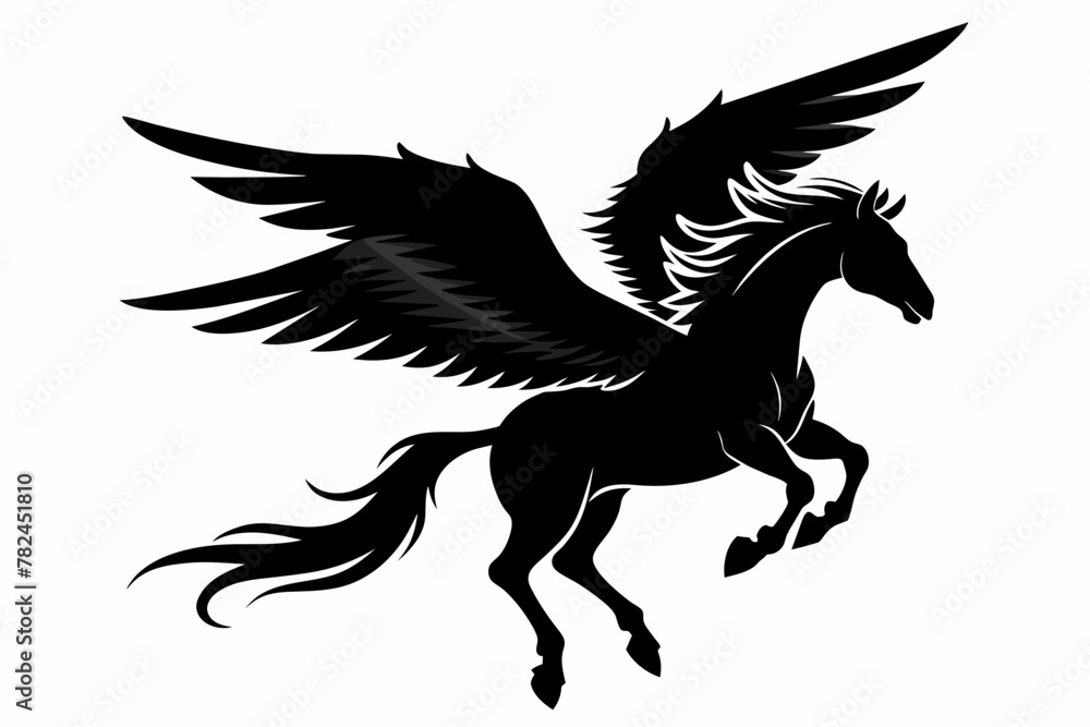 Fototapeta premium Jumping horse with wings silhouette vector white background