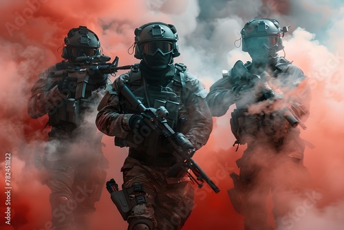 Squad of soldiers in red smoke. SWAT team with advanced eqipment on a mission. Special operation, the fight against terrorism concept. Design for banner, wallpaper, poster photo
