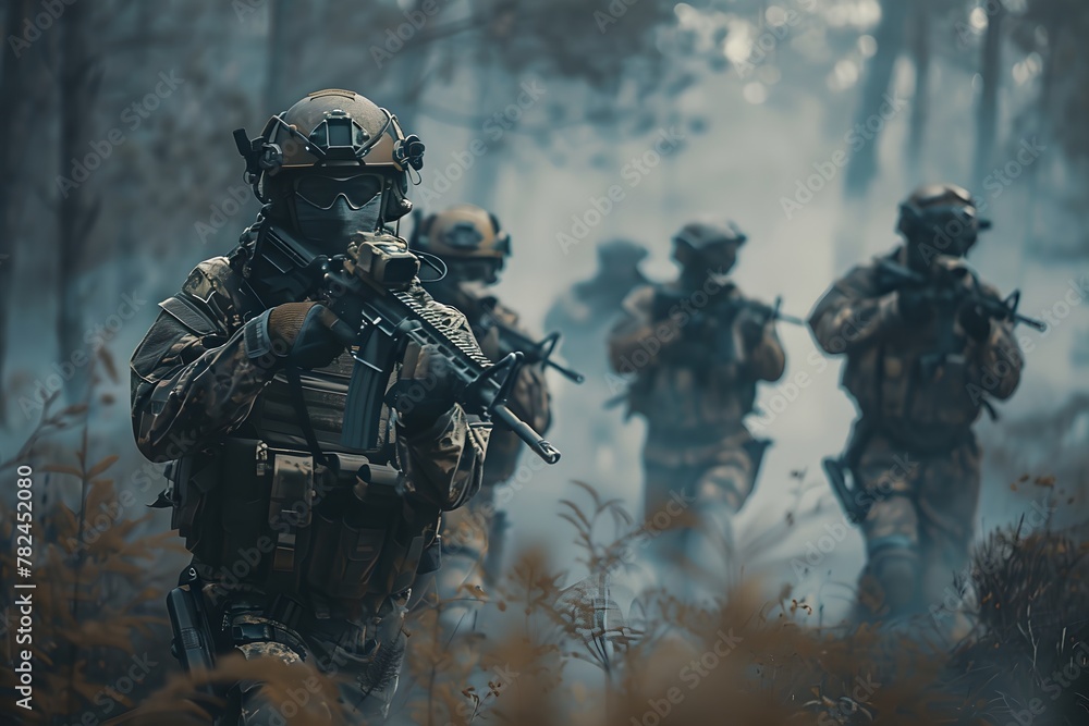 Squad of soldiers running through the woods. Forest patrol unit. Armed forces concept. War operation, military conflict, modern warfare