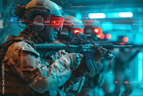 Soldiers with futuristic gear and digital interface. Armed forces concept. Future technology, augmented reality. War operation, military conflict, modern warfare
