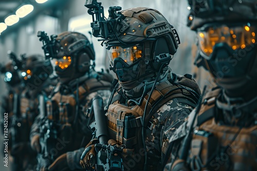 Squad of futuristic soldiers with advanced gear. Armed forces with future eqipment. War operation, military conflict, modern warfare, special ops
