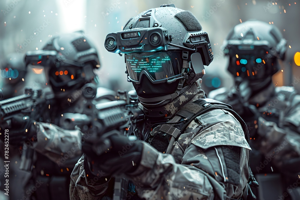 Futuristic special forces team on a mission in urban environment. Tactical unit with future equipment. SWAT team with advanced gear. Police operation, the fight against terrorism concept. Futuristic special forces team on a mission in urban environment. Tactical unit with future equipment. SWAT team with advanced gear. Police operation, the fight against terrorism concept.