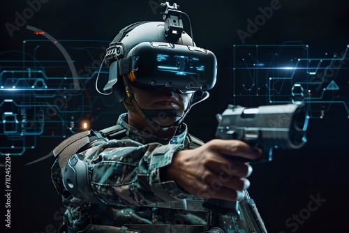 Soldier interacts with virtual reality. Futuristic holographic interface, GUI, HUD. Future technology and augmented reality. Armed forces concept