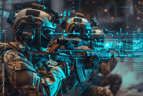 Soldiers with futuristic gear and digital interface. Armed forces concept. Future technology, augmented reality. War operation, military conflict, modern warfare