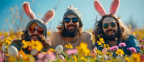 Easter Fun with Hipster Pals in a Blooming Meadow #SunnyVibes #BunnyEars #FlowerPower. Concept Easter Fun, Hipster Pals, Blooming Meadow, Sunny Vibes, Bunny Ears, Flower Power photo