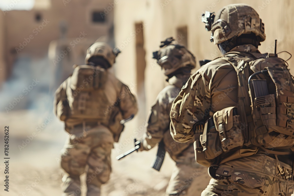 Military patrol unit moving through desert street. Armed forces concept. War operation, military conflict, modern warfare. Design for banner, poster Military patrol unit moving through desert street. Armed forces concept. War operation, military conflict, modern warfare. Design for banner, poster
