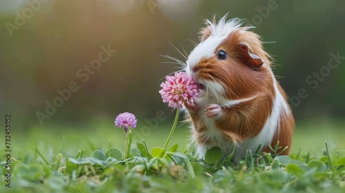   A brown-and-white guinea pig stands among a field of tall grass, holding a single flower gently in its mouth