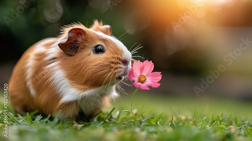   A brown-and-white guinea pig sniffs a pink blossom on a lush green grass field, surrounded by hazy trees