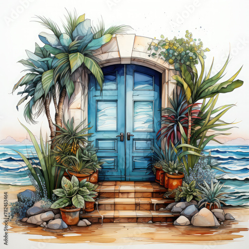 Watercolor Doors on Seaside Illustration, Generative Ai