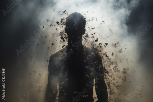 A man is standing in a cloud of dust