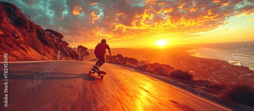 Rear view of a man riding a longboard at high speed down a hill with a sunset in the background photo