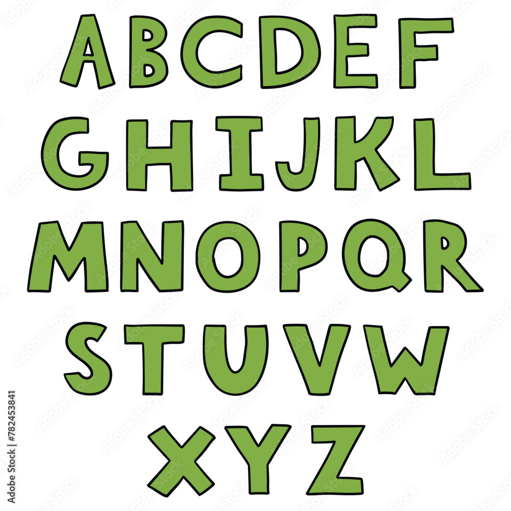 Hand drawn doodle set of green color letters isolated on white background. Alphabet for Children's Books and Toys, Early Childhood Education. Typographic content for children.