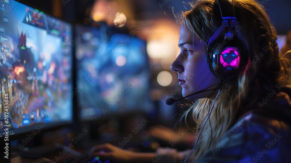 female gamer with headphones sitting in front of computer screen, game playing