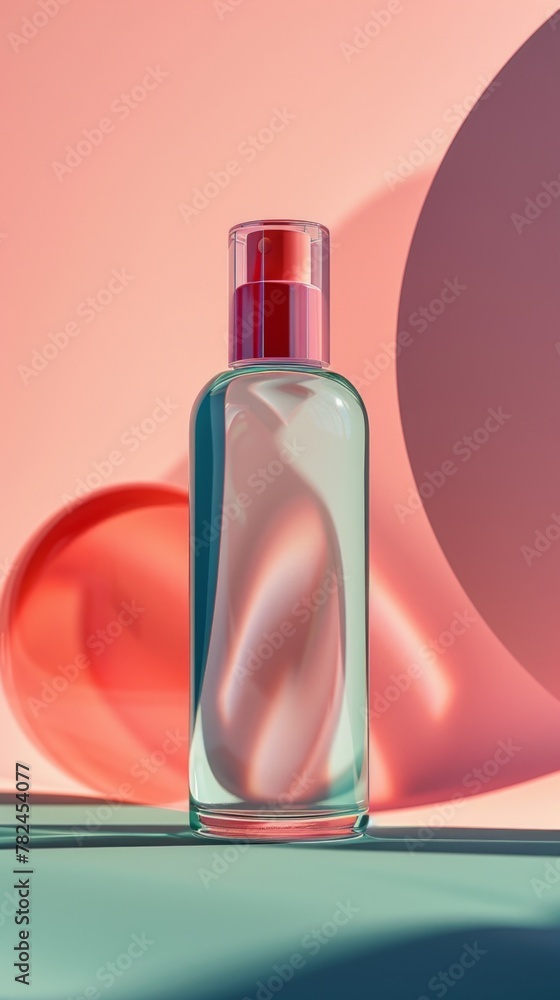 Sleek Perfume Bottle on Aqua and Peach. A minimalist perfume bottle against a dual-tone backdrop, evoking a sense of luxury Sleek Perfume Bottle on Aqua and Peach. A minimalist perfume bottle against a dual-tone backdrop, evoking a sense of luxury