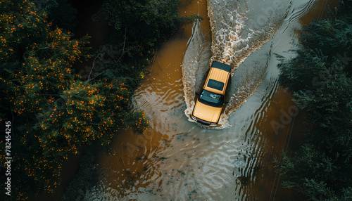 car drives along a flooded road, top view