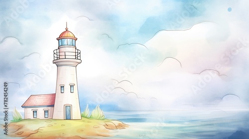 Lighthouse Keeper's Home, Lighthouse, stormy sky, beacon of light, cartoon drawing, water color style.