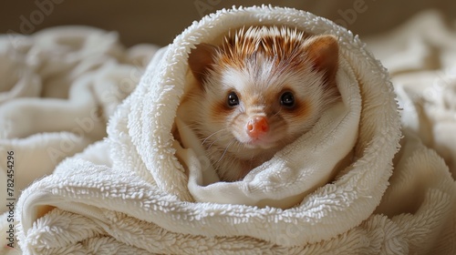   A tight shot of a small animal covered in a blanket atop a bed, itself topped with another blanket