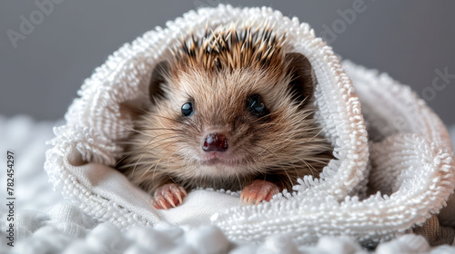  A tiny hedgehog emerges from beneath a white blanket bearing a pink Q sign on its head