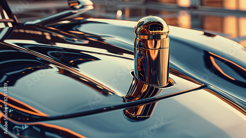 A glossy, metallic bottle mockup placed on the sleek hood of a luxury sports car. 32k, full ultra hd, high resolution photo