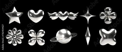 3d chrome Y2K metal elements set. Vector illustration