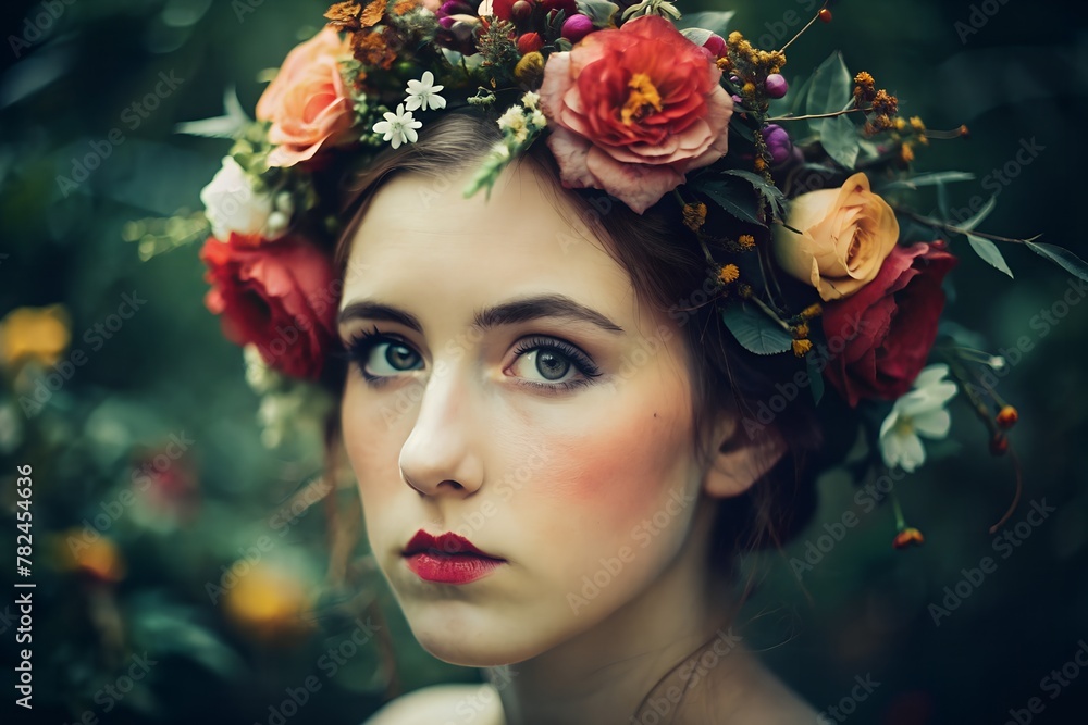 Naklejka premium A mysterious figure with a bright flower crown, embodying the beauty of nature in the ethereal darkness