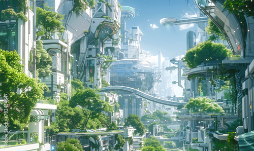 Future cityscape background. Futuristic eco-friendly city with white buildings and greenery. AI generated illustration. © Ольга Зуевская