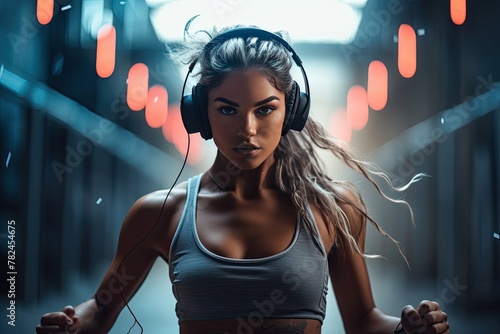 a woman wearing headphones is running on a treadmill in a gym © Irina