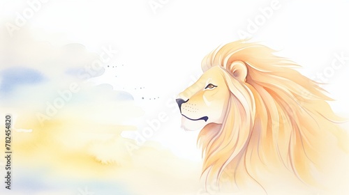 Lion, Lion at dawn, golden mane & soft light, cartoon drawing, water color style. photo