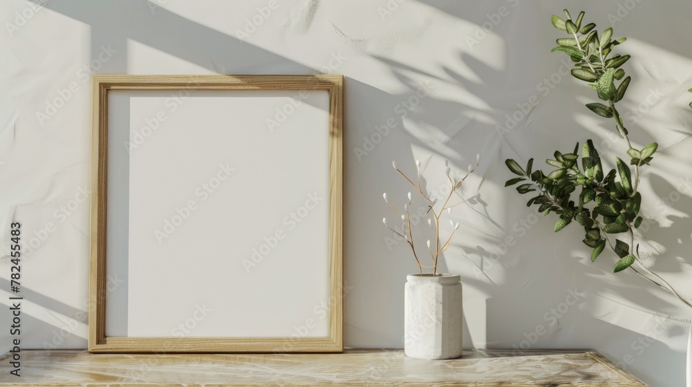 Blank a4 wood frame mockup interior background, circular motion, 3d rendering. Vertical painting plaque mockup. Clear table border with canvas panel template Blank a4 wood frame mockup interior background, circular motion, 3d rendering. Vertical painting plaque mockup. Clear table border with canvas panel template