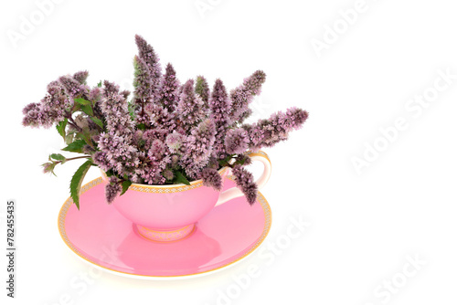 Peppermint flower leaf tea in pink teacup on white background with copy space. Relieves indigestion  IBS  is stress and anxiety relieving  helps insomnia. Surreal fun composition. Copy space.
