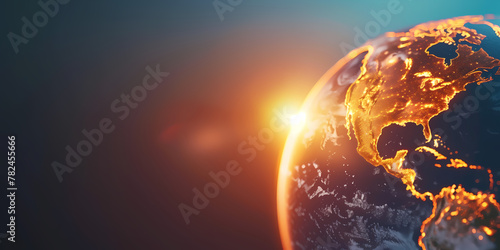 Planet Earth burning under the extreme heat of the sun, conceptual illustration of global warming, temperature increase disaster on America, over heating of the world in climate change