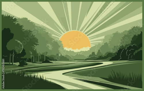 A breathtaking minimalist portrayal of the morning sun this modern art landscape radiates with the essence of Shades of green trees its vector art 