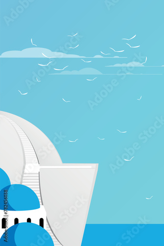 Travel Icon place Greek island Santorini with sea. Vector Illustration