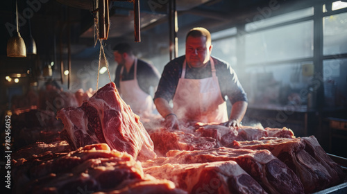 Butchers Working in a Busy Meat Market.Generative AI.