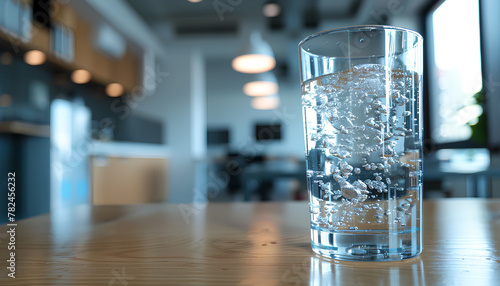 water flows into a transparent glass from a cooler on a blurred office background