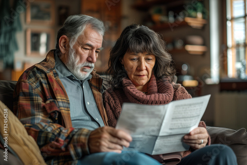 Man and Woman Sitting on Couch Examining Paper