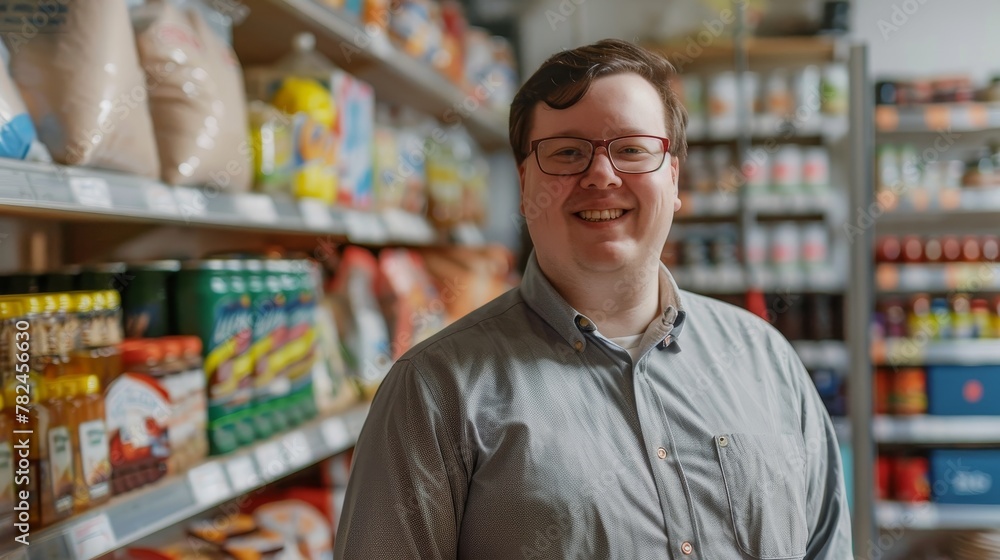 Portrait of local grocery store owner. Young man with Down syndrome smiling while standing in small supermarket store