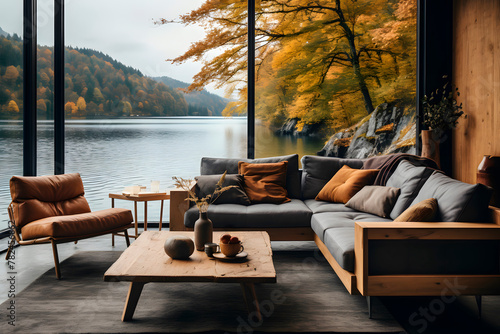 Sofa against a large window overlooking the lake and the mountain. Modern living room design with warm Scandinavian tones and natural lighting.. Generative AI	 photo