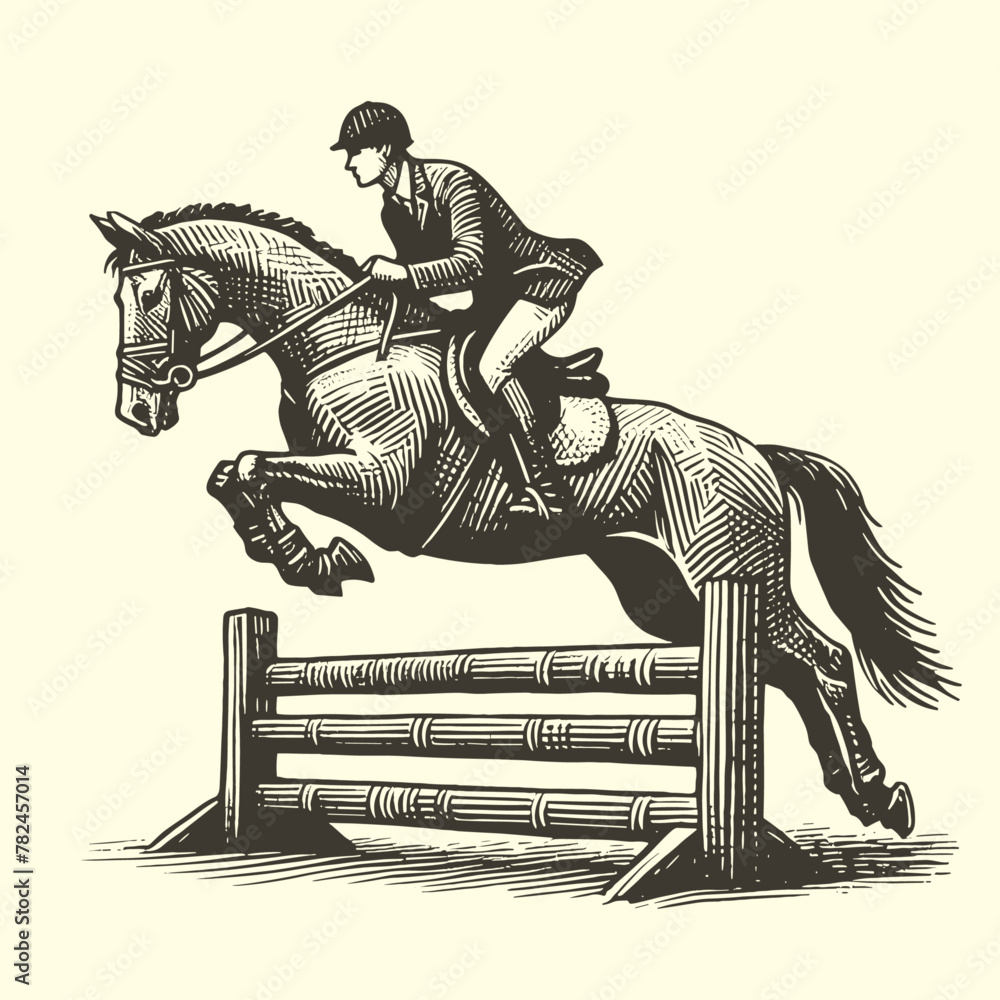 Fototapeta premium man on a horse jumping over the barrier equestrian illustration