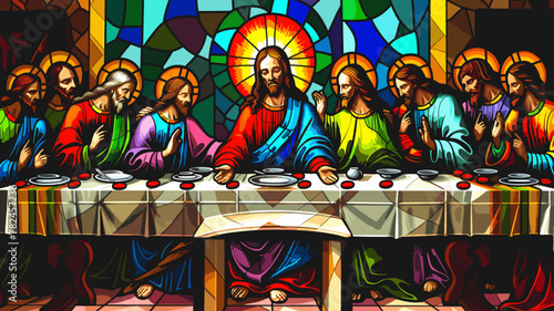 Colorful stained glass illustration of The Last Supper, Jesus Christ