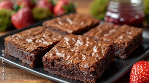   A plate of brownies sits atop the table  companionship provided by nearby strawberries and a jar of jelly