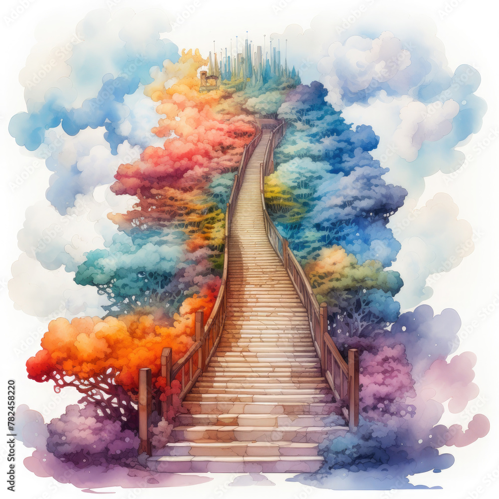 Fototapeta premium Watercolor Heaven Stairs Illustration, Generative Ai