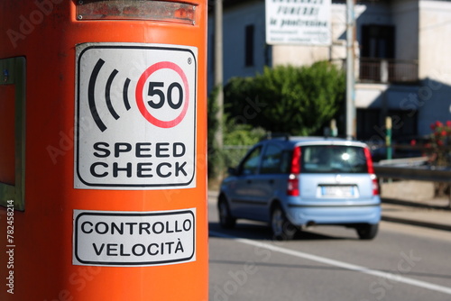 Cars Speed Check Machine on the street. Cars moving in background. Radar Speed Detector. 